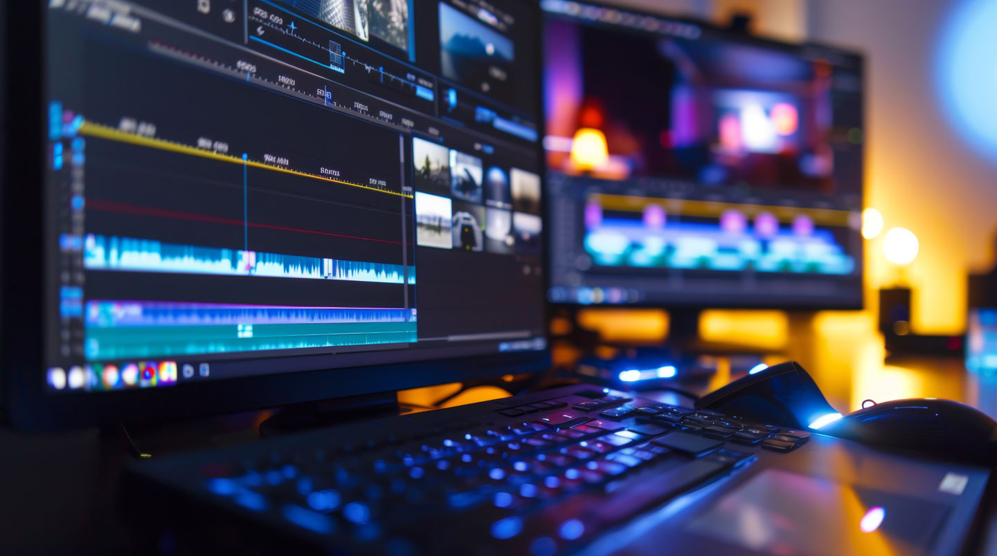 Professionnelle en télétravail qui adapte des formats vidéo pour différents réseaux sociaux depuis son ordinateur portable
